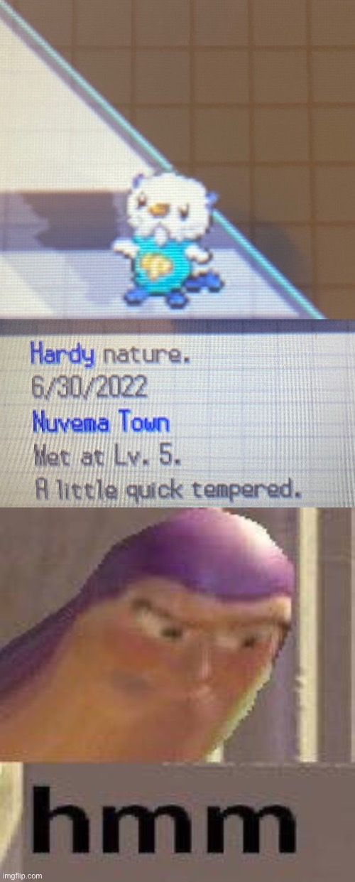 I think the only thing wrong here is it’s nature, also, I did name it cause I was considering restarting my nuzlocke but decided | image tagged in buzz lightyear hmm | made w/ Imgflip meme maker