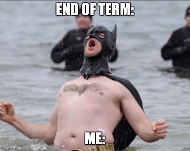 Batman Celebrates | END OF TERM:; ME: | image tagged in batman celebrates | made w/ Imgflip meme maker