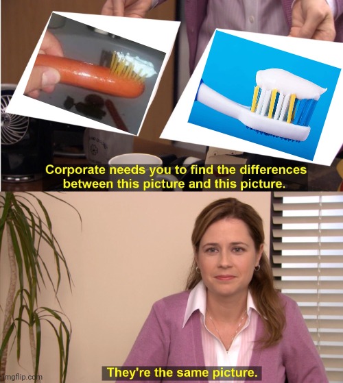 Toothbrush with toothpaste | image tagged in memes,they're the same picture,funny,coincidence i think not,toothbrush,hot dog | made w/ Imgflip meme maker