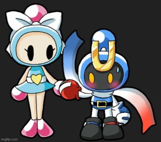 sometimes you just need to hold hands. | image tagged in aqua bomber x magnet bomber,bomberman | made w/ Imgflip meme maker