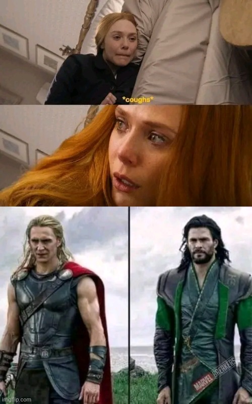 When the time traveler-... I mean Reality bender coughs | image tagged in wanda,avengers,thor,loki,thor ragnarok | made w/ Imgflip meme maker