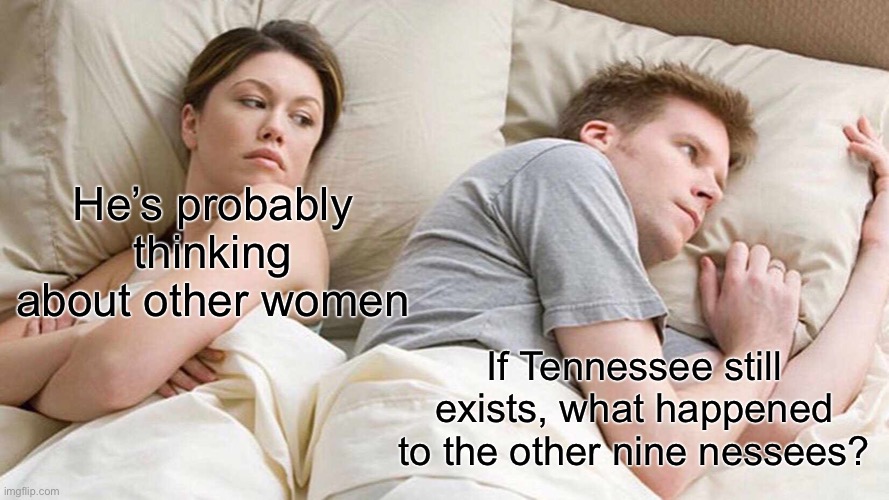 They’re out there somewhere, right? | He’s probably thinking about other women; If Tennessee still exists, what happened to the other nine nessees? | image tagged in memes,i bet he's thinking about other women,tennessee,united states | made w/ Imgflip meme maker