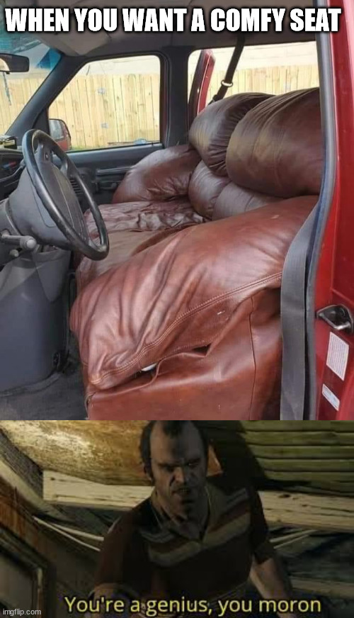 Hope it reclines | WHEN YOU WANT A COMFY SEAT | image tagged in youre a genius you moron,couch,cars | made w/ Imgflip meme maker