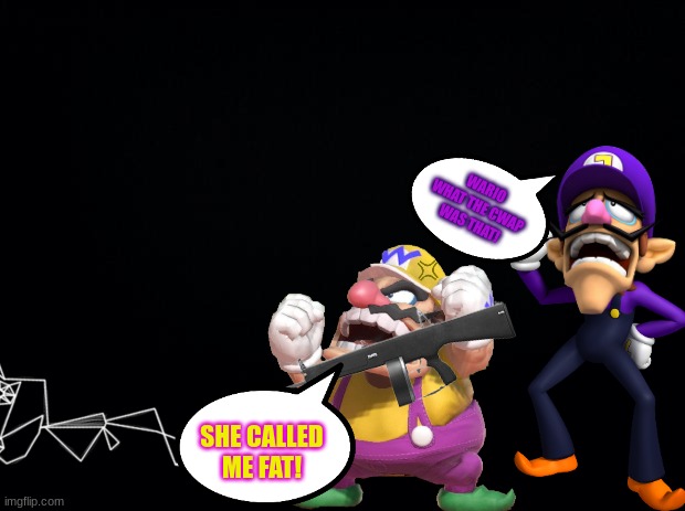 Wario kills Vibri because she called Wario fat.mp3 (Ft. Waluigi) | WARIO WHAT THE CWAP WAS THAT! SHE CALLED ME FAT! | image tagged in wario,waluigi,vibri,memes,funny,stop reading the tags | made w/ Imgflip meme maker