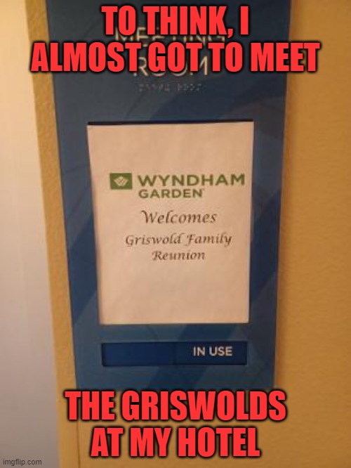 Or the title of their next movie | TO THINK, I ALMOST GOT TO MEET; THE GRISWOLDS AT MY HOTEL | image tagged in clark griswold,national lampoon,vacation | made w/ Imgflip meme maker
