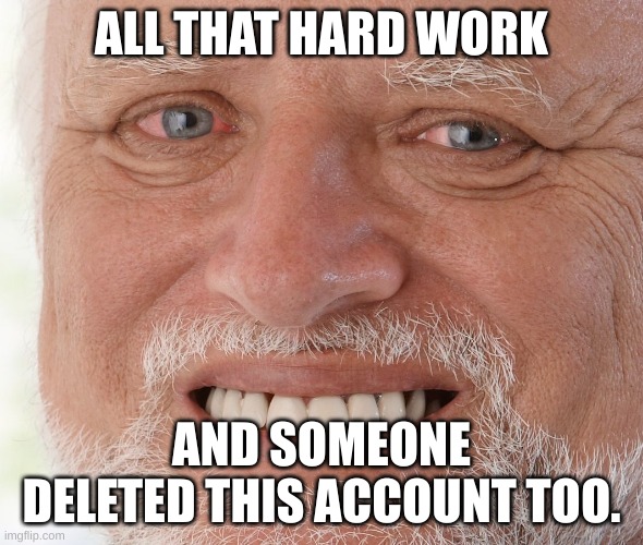 I'm never trusting anyone again :') | ALL THAT HARD WORK; AND SOMEONE DELETED THIS ACCOUNT TOO. | image tagged in hide the pain harold | made w/ Imgflip meme maker