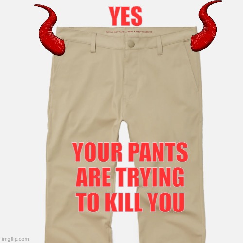 It's true | YES; YOUR PANTS
ARE TRYING
TO KILL YOU | image tagged in pants,clothing,evil,devil | made w/ Imgflip meme maker