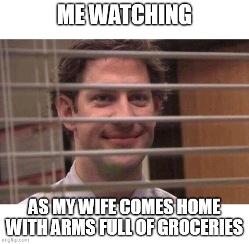 Me watching as my wife comes home with arms full of groceries | ME WATCHING; AS MY WIFE COMES HOME WITH ARMS FULL OF GROCERIES | image tagged in jim office blinds,funny,groceries,wife,food | made w/ Imgflip meme maker