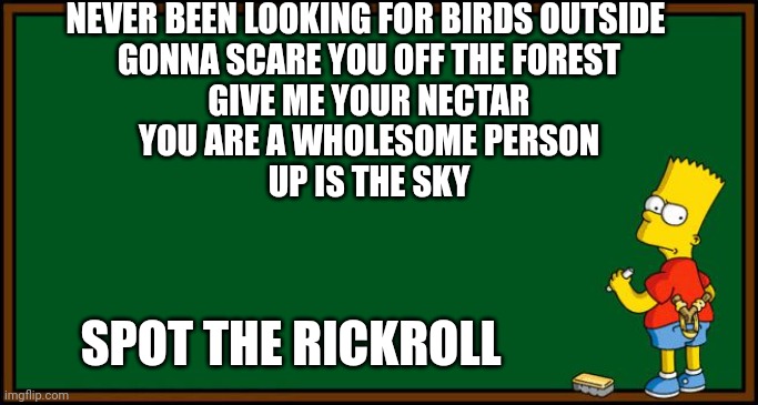 Hehe | NEVER BEEN LOOKING FOR BIRDS OUTSIDE 
GONNA SCARE YOU OFF THE FOREST
GIVE ME YOUR NECTAR
YOU ARE A WHOLESOME PERSON
UP IS THE SKY; SPOT THE RICKROLL | image tagged in bart simpson - chalkboard,rickrolled,bart simpson | made w/ Imgflip meme maker