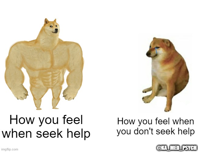 Seek Help | How you feel when seek help; How you feel when you don't seek help; @KA_MED_PSYCH | image tagged in memes,buff doge vs cheems | made w/ Imgflip meme maker