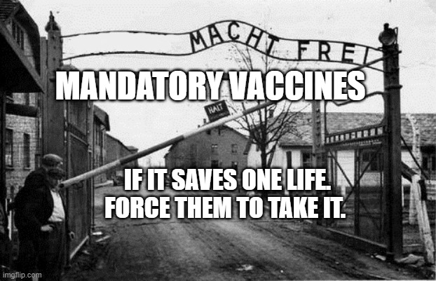 Auschwitz concentration camp blank | MANDATORY VACCINES; IF IT SAVES ONE LIFE. FORCE THEM TO TAKE IT. | image tagged in auschwitz concentration camp blank | made w/ Imgflip meme maker