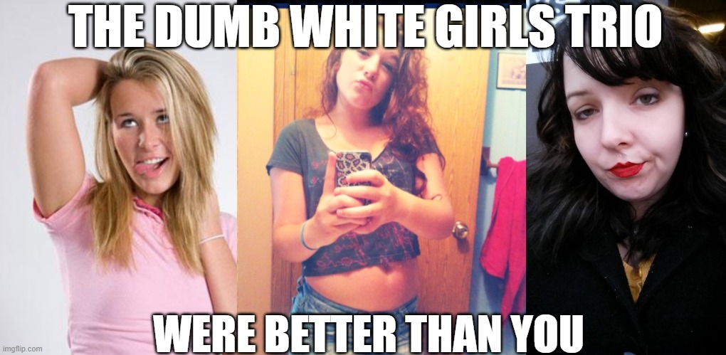 Privileged White Girls in a nutshell | THE DUMB WHITE GIRLS TRIO; WERE BETTER THAN YOU | image tagged in dumb white girl,memes,white woman,white privilege,selfie fail | made w/ Imgflip meme maker