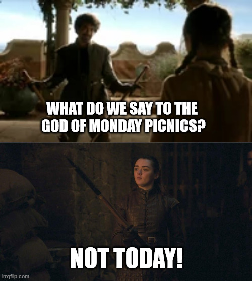 Arya Stark, Not Today | WHAT DO WE SAY TO THE 
GOD OF MONDAY PICNICS? NOT TODAY! | image tagged in arya stark,not today,god of death,what do we say | made w/ Imgflip meme maker