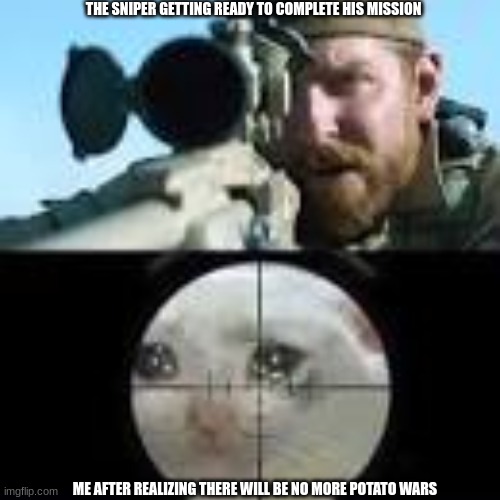 I...It's been a month and I'm still not over it. You could say I'm a nerd | THE SNIPER GETTING READY TO COMPLETE HIS MISSION; ME AFTER REALIZING THERE WILL BE NO MORE POTATO WARS | image tagged in chris kyle sniper cat meme | made w/ Imgflip meme maker