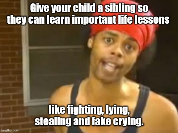 More life hacks. | Give your child a sibling so they can learn important life lessons; like fighting, lying, stealing and fake crying. | image tagged in memes,hide yo kids hide yo wife,funny | made w/ Imgflip meme maker