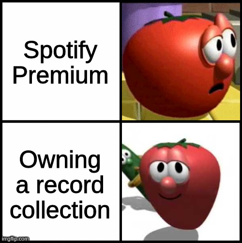 Spotify Premium Owning a record collection | image tagged in drake meme veggietales | made w/ Imgflip meme maker