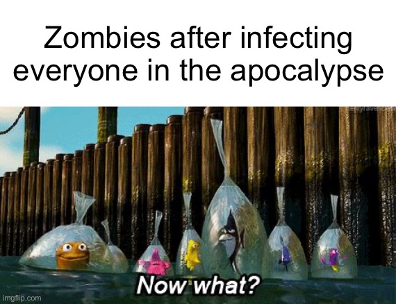 Brainz! | Zombies after infecting everyone in the apocalypse | image tagged in now what,zombies,funny,finding nemo | made w/ Imgflip meme maker