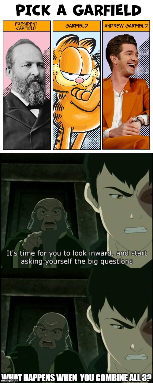 Well? What happens when you just decide to fuse all 3? | WHAT HAPPENS WHEN  YOU COMBINE ALL 3? | image tagged in iroh asks the real questions,garfield,andrew garfield,fusion,president,history | made w/ Imgflip meme maker