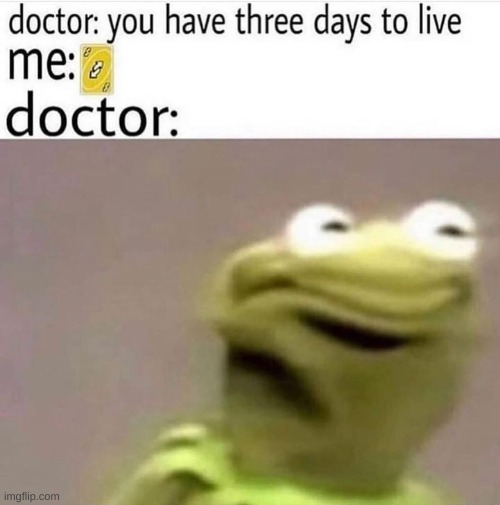 You have 3 days now | ME:; DOCTOR:; DOCTOR: YOU HAVE THREE DAYS TO LIVE | image tagged in meme,funny,kermit the frog,uno reverse card,barney will eat all of your delectable biscuits | made w/ Imgflip meme maker