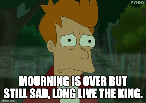 RIP | MOURNING IS OVER BUT STILL SAD, LONG LIVE THE KING. | image tagged in very sad fry from futurama | made w/ Imgflip meme maker