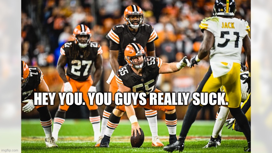 Steelers Suck | HEY YOU. YOU GUYS REALLY SUCK. | image tagged in cleveland browns,pittsburgh steelers,nfl,nfl memes,sweet victory,boom | made w/ Imgflip meme maker