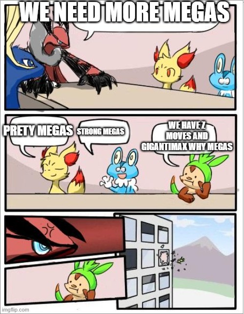 Pokemon board meeting | WE NEED MORE MEGAS; WE HAVE Z MOVES AND GIGANTIMAX WHY MEGAS; PRETY MEGAS; STRONG MEGAS | image tagged in pokemon board meeting | made w/ Imgflip meme maker