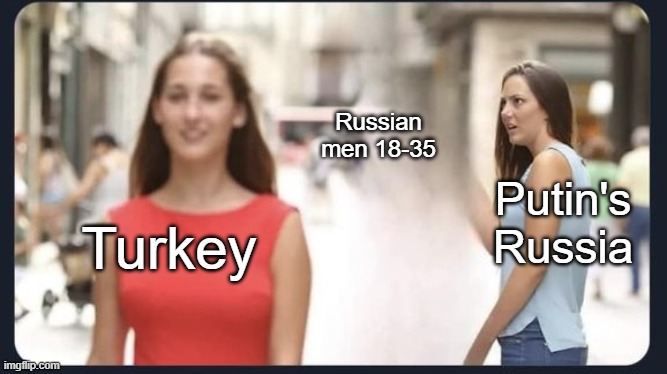 Russian men 18-35 love Turkey | Russian men 18-35; Putin's Russia; Turkey | image tagged in russia,draft,ukraine,war,turkey | made w/ Imgflip meme maker