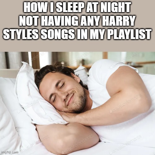 No Harry Styles Songs In My Playlist | HOW I SLEEP AT NIGHT NOT HAVING ANY HARRY STYLES SONGS IN MY PLAYLIST | image tagged in harry styles,playlist,sleeping,sleep,funny,memes | made w/ Imgflip meme maker