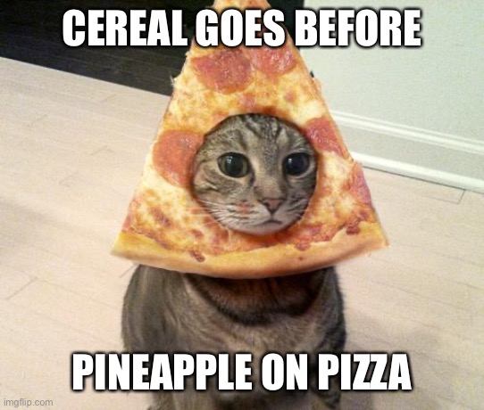 Milk after anchovies | CEREAL GOES BEFORE; PINEAPPLE ON PIZZA | image tagged in pizza cat | made w/ Imgflip meme maker