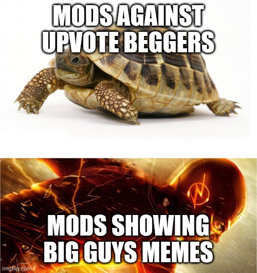 MODS AGAINST UPVOTE BEGGERS MODS SHOWING BIG GUYS MEMES | image tagged in slow vs fast meme | made w/ Imgflip meme maker