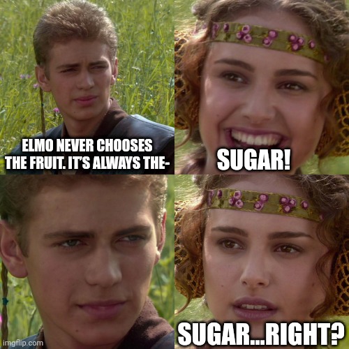 Sure... it's sugar. | ELMO NEVER CHOOSES THE FRUIT. IT’S ALWAYS THE-; SUGAR! SUGAR...RIGHT? | image tagged in anakin padme 4 panel | made w/ Imgflip meme maker