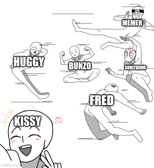 I have an obsession with draw the squad stuff- | MEMER; HUGGY; BUNZO; SURLYKONG; FRED; KISSY | image tagged in draw the squad | made w/ Imgflip meme maker