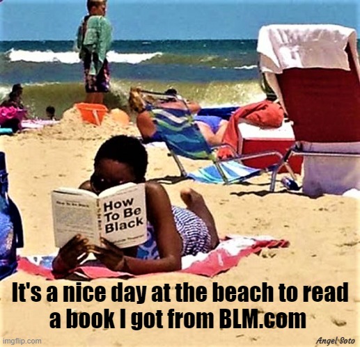 black girl reading book on how to be black | It's a nice day at the beach to read
a book I got from BLM.com; Angel Soto | image tagged in funny meme,black lives matter,blm,black girl,day at the beach,book | made w/ Imgflip meme maker