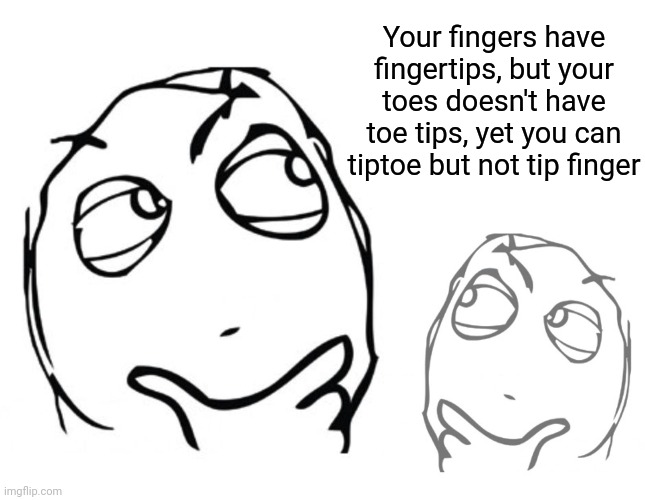 You have fingertips but not toe tips, yet you can tiptoe but not tip finger | Your fingers have fingertips, but your toes doesn't have toe tips, yet you can tiptoe but not tip finger | image tagged in hmmm,memes,visible confusion,funny,confused | made w/ Imgflip meme maker