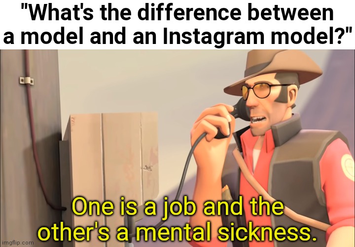 I have a point ¯\_(ツ)_/¯ | "What's the difference between a model and an Instagram model?"; One is a job and the other's a mental sickness. | image tagged in well one is an x and the other is mental sickness,instagram model,team fortress 2,instagram,models,model | made w/ Imgflip meme maker
