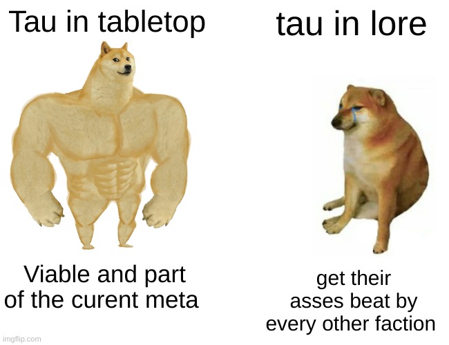 For the Greater Good | Tau in tabletop; tau in lore; Viable and part of the curent meta; get their asses beat by every other faction | image tagged in memes,buff doge vs cheems | made w/ Imgflip meme maker