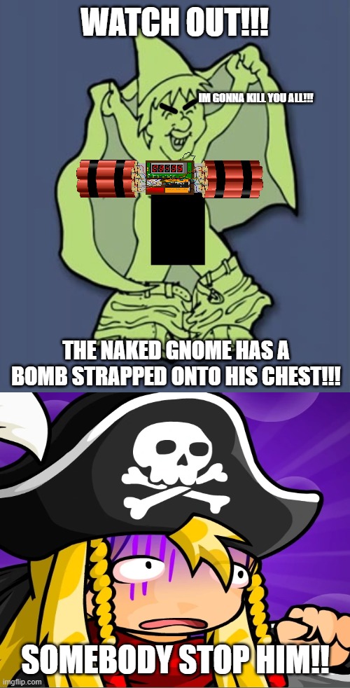 Dont do terrorism | WATCH OUT!!! IM GONNA KILL YOU ALL!!! THE NAKED GNOME HAS A BOMB STRAPPED ONTO HIS CHEST!!! SOMEBODY STOP HIM!! | image tagged in terrorism,ebf,gnome,pervert | made w/ Imgflip meme maker