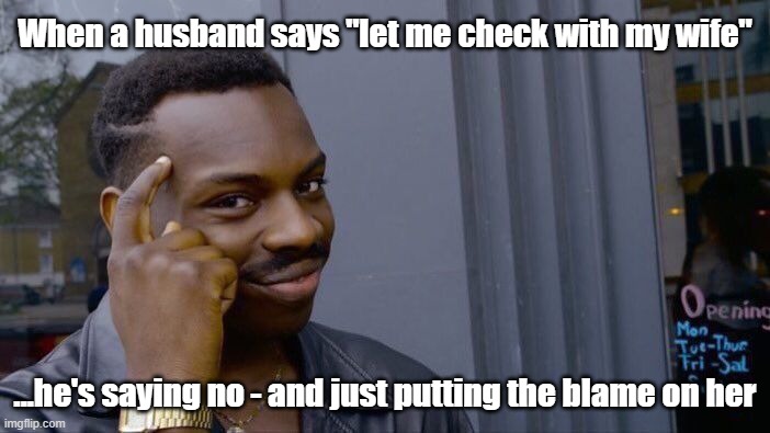 It Checks Out... | When a husband says "let me check with my wife"; ...he's saying no - and just putting the blame on her | image tagged in memes,roll safe think about it,facts,marriage | made w/ Imgflip meme maker
