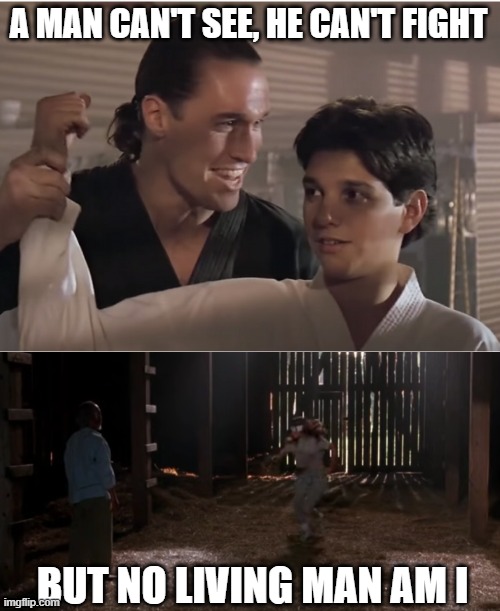 A MAN CAN'T SEE, HE CAN'T FIGHT; BUT NO LIVING MAN AM I | image tagged in karate kid | made w/ Imgflip meme maker