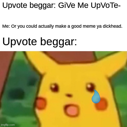 Surprised Pikachu | Upvote beggar: GiVe Me UpVoTe-; Me: Or you could actually make a good meme ya dickhead. Upvote beggar: | image tagged in memes,surprised pikachu,upvote begging,upvote beggars | made w/ Imgflip meme maker