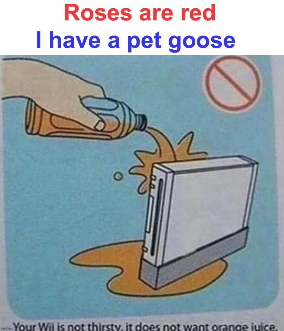 It keeps short circuiting, someone help :( | Roses are red; I have a pet goose | image tagged in memes,funny,relatable memes,orange juice,funny memes,wtf | made w/ Imgflip meme maker