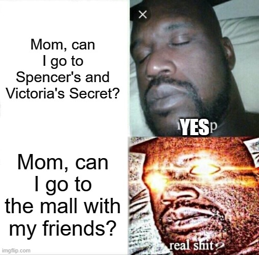 Meme #194 | Mom, can I go to Spencer's and Victoria's Secret? YES; Mom, can I go to the mall with my friends? | image tagged in memes,sleeping shaq,mall,victoriasecret,i sleep real shit,moms | made w/ Imgflip meme maker
