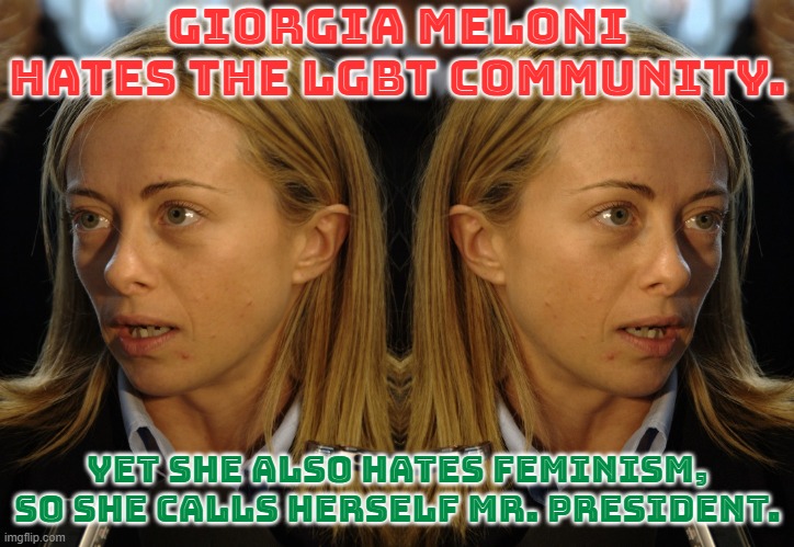 Accidental ally. | Giorgia Meloni hates the LGBT community. Yet she also hates feminism, so she calls herself Mr. President. | image tagged in giorgia meloni,misogyny,transphobic,congratulations you played yourself | made w/ Imgflip meme maker