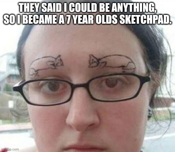 THEY SAID I COULD BE ANYTHING, SO I BECAME A 7 YEAR OLDS SKETCHPAD. | image tagged in eyebrows on fleek | made w/ Imgflip meme maker