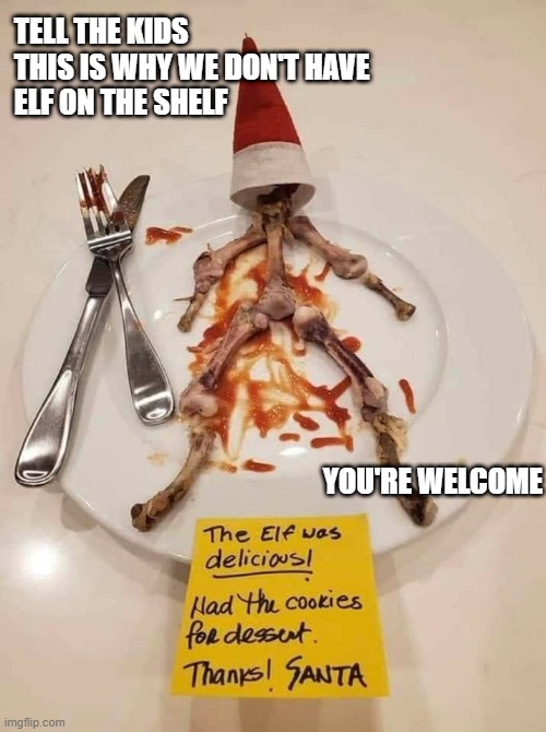 why we don't have elf on the shelf | TELL THE KIDS 
THIS IS WHY WE DON'T HAVE 
ELF ON THE SHELF; YOU'RE WELCOME | image tagged in elf on a shelf | made w/ Imgflip meme maker