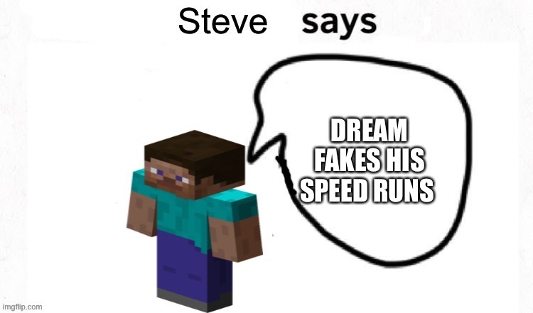Steve says | DREAM FAKES HIS SPEED RUNS | image tagged in steve says | made w/ Imgflip meme maker