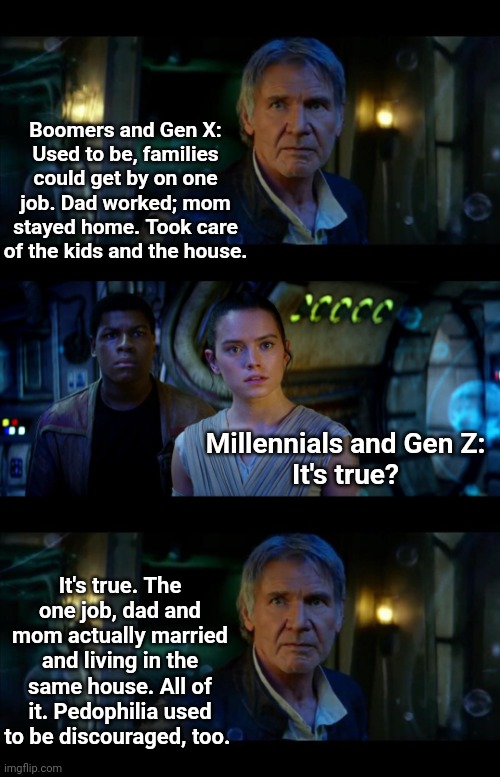 It's True All of It Han Solo Meme | Boomers and Gen X:
Used to be, families could get by on one job. Dad worked; mom stayed home. Took care of the kids and the house. Millennials and Gen Z:
It's true? It's true. The one job, dad and mom actually married and living in the same house. All of it. Pedophilia used to be discouraged, too. | image tagged in memes,it's true all of it han solo | made w/ Imgflip meme maker