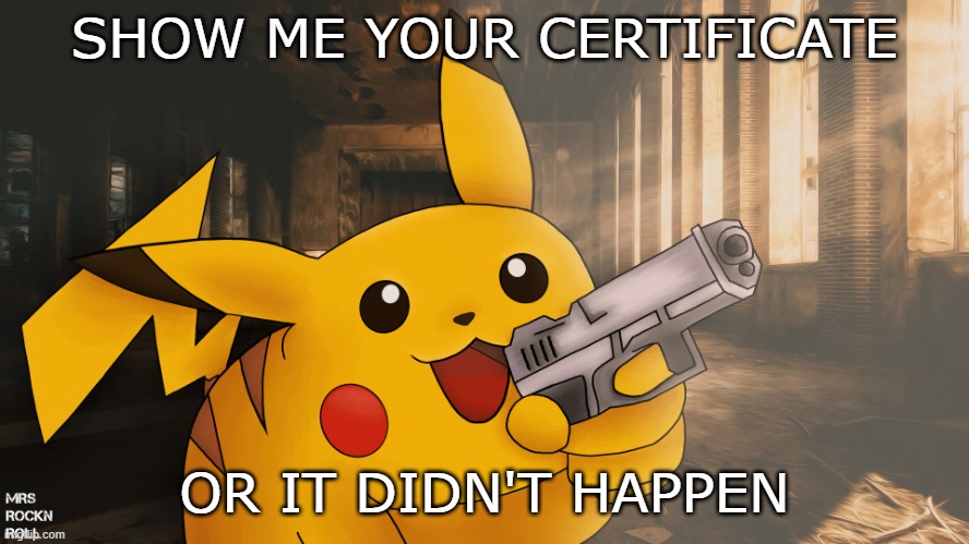 Show me your certificate. | SHOW ME YOUR CERTIFICATE OR IT DIDN'T HAPPEN | image tagged in pikachu has a gun,certificate,show me,pikachu,gun,memes | made w/ Imgflip meme maker