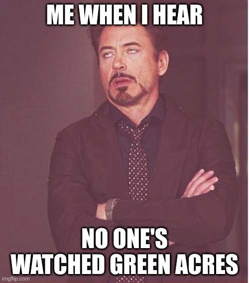 definetly funnier than any my little pony garbage. gotta be SOMEONE who's seen it! | ME WHEN I HEAR; NO ONE'S WATCHED GREEN ACRES | image tagged in memes,face you make robert downey jr | made w/ Imgflip meme maker
