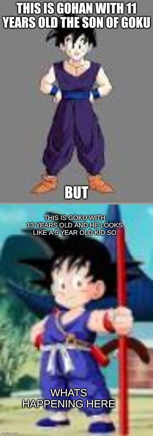 Dragon ball ages are just so confusing | THIS IS GOHAN WITH 11 YEARS OLD THE SON OF GOKU; BUT; THIS IS GOKU WITH 13 YEARS OLD AND HE LOOKS LIKE A 5 YEAR OLD KID SO; WHATS HAPPENING HERE | image tagged in dragon ball,memes,goku,gohan,funny | made w/ Imgflip meme maker